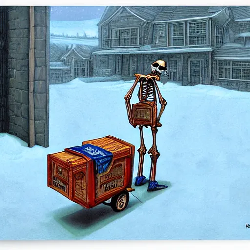 Prompt: skeleton delivering mail by Greg Hildebrandt