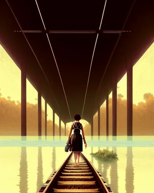 Image similar to photo of chihiro walking along train tracks stretching out toward the horizon that are submerged under a few inches of water, intricate, elegant, highly detailed, digital painting, artstation, concept art, smooth, sharp focus, illustration, art by artgerm and greg rutkowski and fra angelico