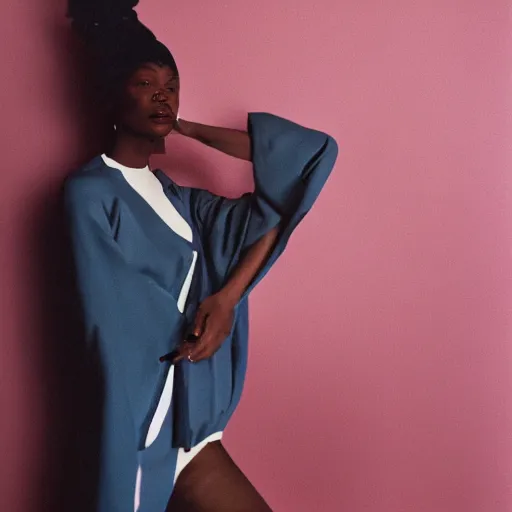 Image similar to realistic photoshoot for a aime leon dore lookbook, color film photography, portrait of a beautiful woman in style of tyler Mitchell, 35mm, graflex