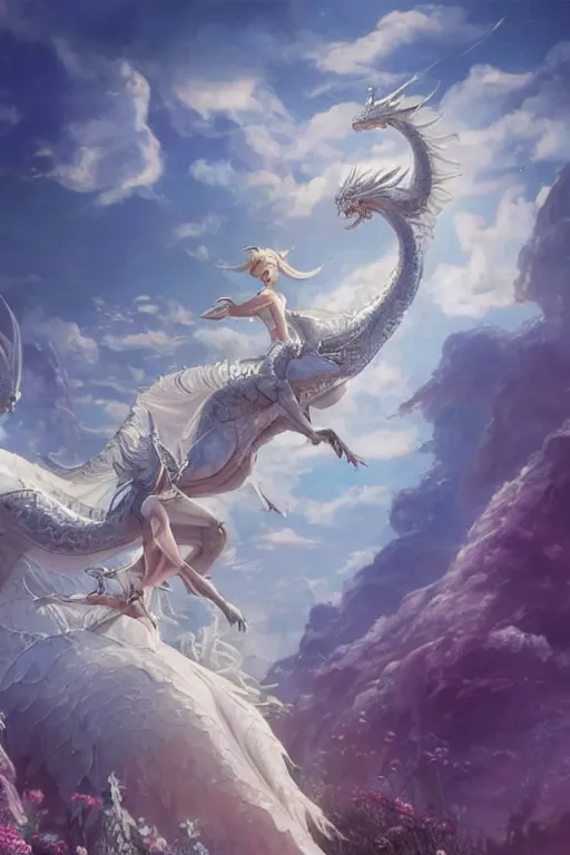 Prompt: beautiful scene render that a princess ride on a huge silver white dragon back, finely detailed angelic face delicate features directed gaze, in the fairyland surrounded by white clouds, style of makoto shinkai and peter mohrbacher, studio ghibli. artgerm, karol bak, beeple, animation style, 8 k hd, ultra wide angle, hyper detailed