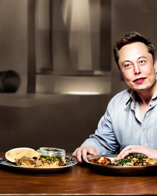 Image similar to a portrait of elon musk sitting at the dining table with a plate containing idli and sambar in front of him, highly detailed, trending on artstation, bokeh, 9 0 mm, f / 1. 4