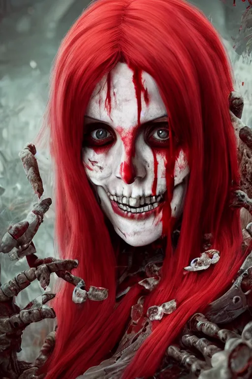 Prompt: woman skeleton covered with blood, jessica nigri face!!!, long red hair, ultra realistic, concept art, intricate details, highly detailed, photorealistic, octane render, 8 k, unreal engine. retro film still, heavy grain, 3 5 mm, art by artgerm and greg rutkowski and alphonse mucha