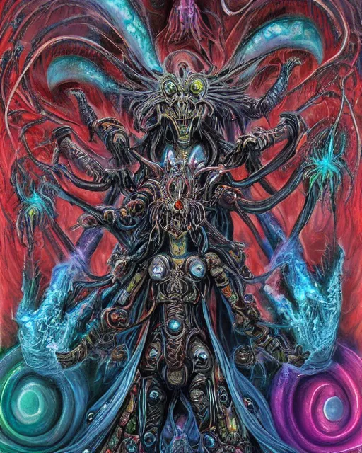 Image similar to silver mechanical charred bloody fleshmetal obliterator cyborg daemonhost woman wearing robes, psychedelic flamer of tzeentch with extra arms gunner, blue and green rainbow fire, by antonio j. manzanedo, alex grey, android jones, wayne barlowe, philippe druillet, josephine wall, harumi hironaka, cronenburg, pixabay