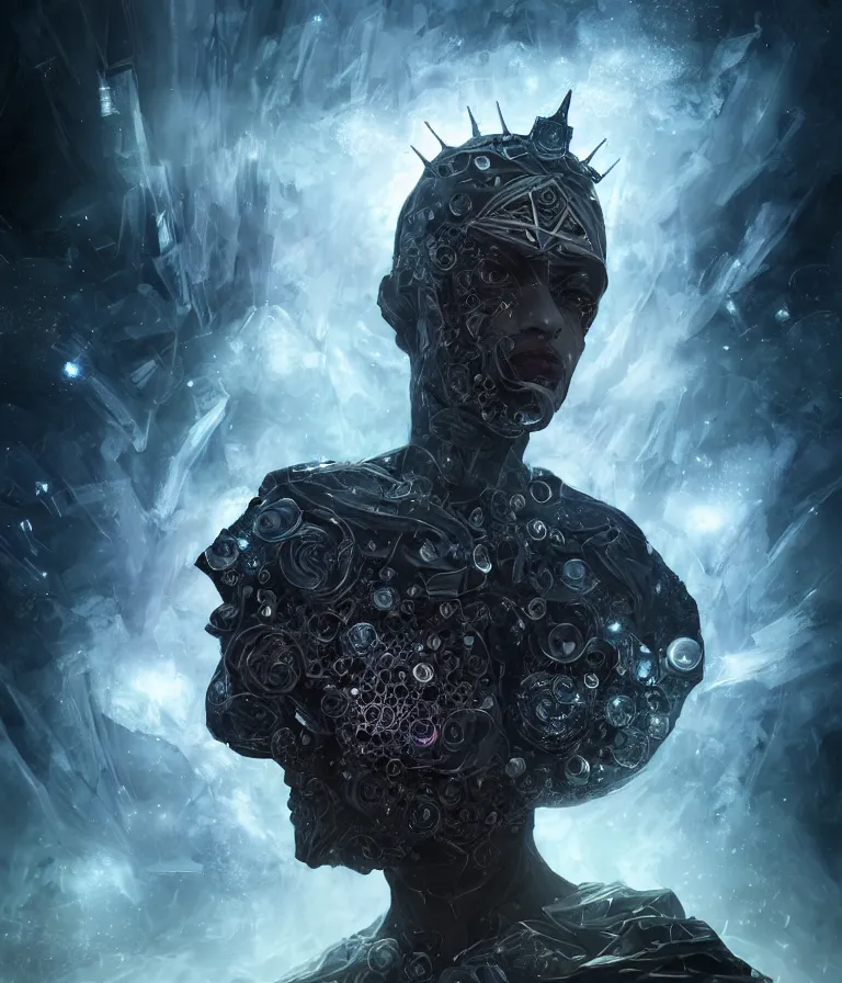 Image similar to impressive ominous front!! shot photo of a court jester character fine portrait fine portrait mesmerizing fractal hyper cubes platinum cracked dark future hyper dimensional space galactic crystal nebula edges elegant detailed intricate concept artstation sharp focus ray tracing cinematic masterpiece temporal corruption beeple wlop germ 8 4 k scifi glossy hyper realistic illustration canon eos r 3 fujifilm x - t 3 0 sony alpha a 6 6 0 0