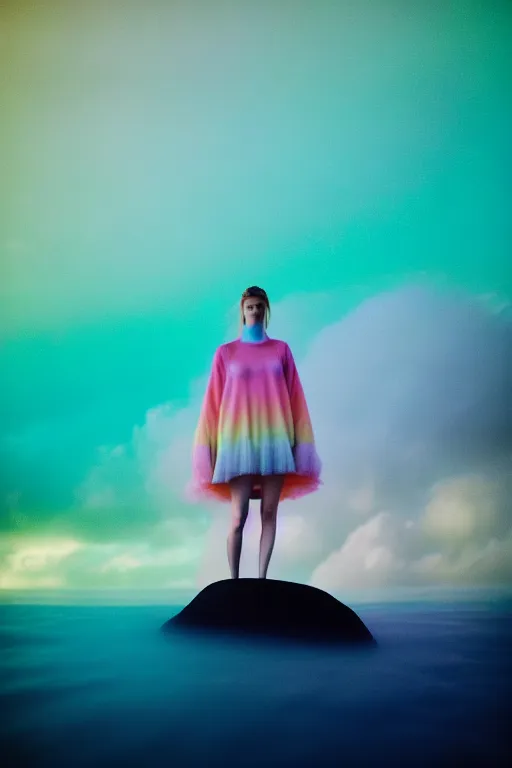 Image similar to high quality pastel coloured film close up wide angle photograph of a model wearing clothing swimming on cloud furniture in a icelandic black rock!! environment in a partially haze filled dreamstate world. three point light, rainbow. photographic production. art directed. pastel colours. volumetric clouds. pastel gradient overlay. waves glitch artefacts. extreme facial clarity. 8 k. filmic.