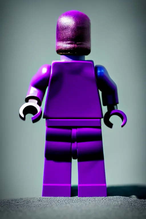 Image similar to closeup studio photograph of a thanos lego mini figurine, depth of field, 5 0 mm, 8 k, soft vignette