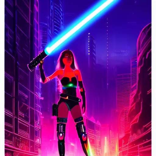 Image similar to a girl holding a lightsaber in a neon cyberpunk city at night, art station, digital art, cinematic, artgerm