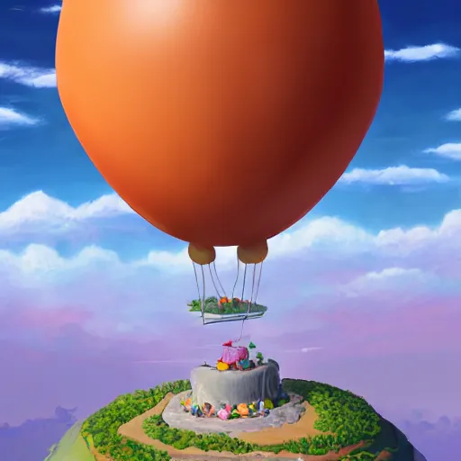 Prompt: a giant floating cake, with giant floating balloons above a beautiful landscape. digital art, highly - detailed, artstation cgsociety masterpiece