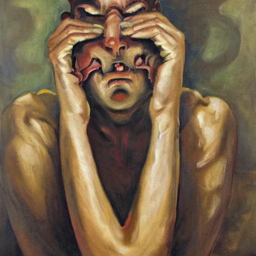 Image similar to A Python programmer's despair, oil on canvas, 1951