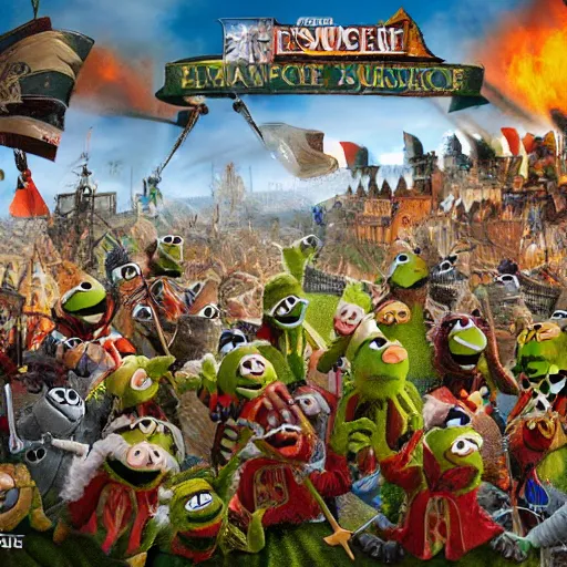 Prompt: muppet siege warfare, epic battle painting with extreme detail, very wide panorama