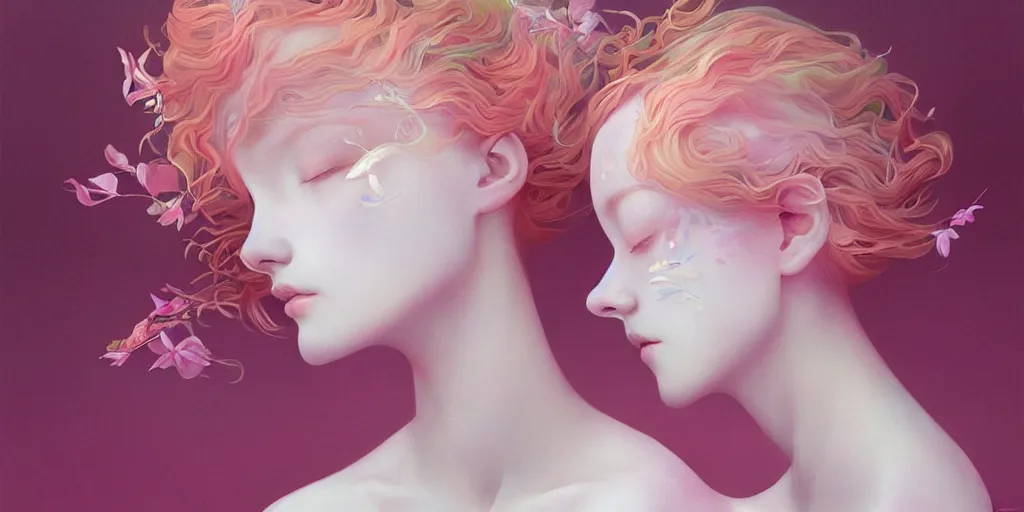 Prompt: highly detailed pastel colors of an ethereal ginger beauty morphing gradually into flowers, by artgerm and hsiao - ron cheng, smooth composition, fine patterns and detail