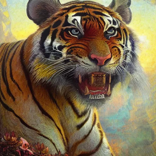 Image similar to highly detailed portrait of a tiger shaped mecha, painting by gaston bussiere, craig mullins, j. c. leyendecker, lights, art by ernst haeckel, john william godward, hammershøi, alex grey, psychedelic, dmt