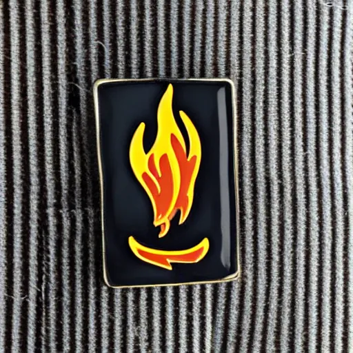 Image similar to a diamond enamel pin depicting a retro minimalistic clean fire flames warning label, smooth curves