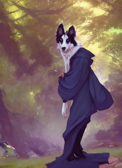 Image similar to wide angle beautiful full body portrait of a cute male anthropomorphic anthro border collie fursona wearing indigo robes in a park, character design by charlie bowater, henry asencio, and ross tran, disney, anime, scenic background, detailed, glamor pose, aesthetic, trending on artstation, furaffinity, deviantart