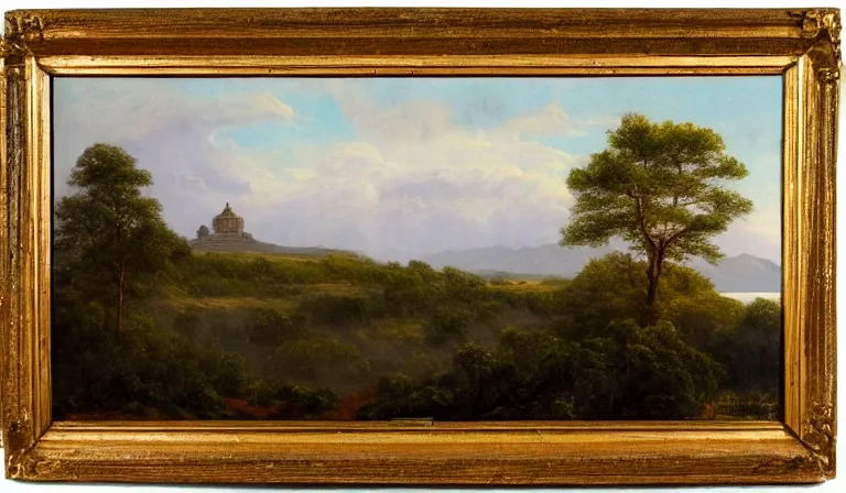 Prompt: A serene landscape with a singular building in the style of Frederic Edwin Church.