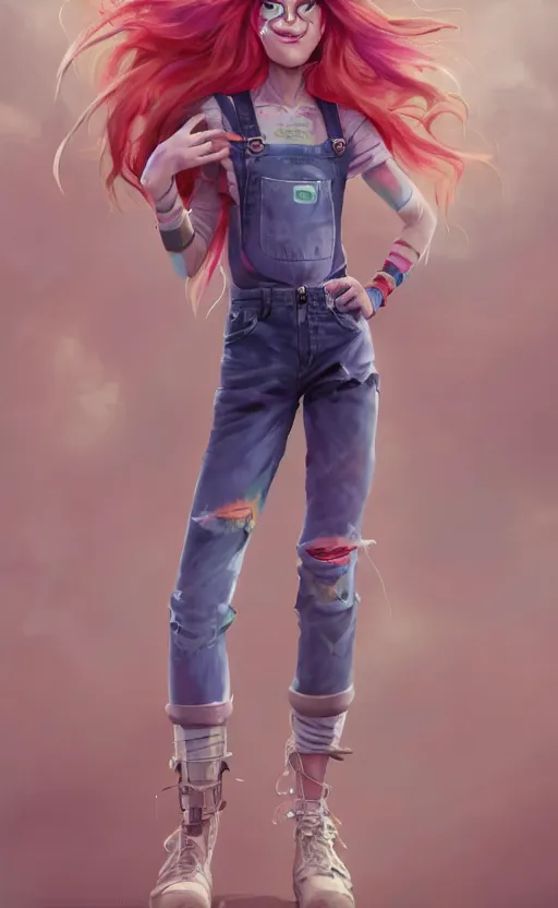 Prompt: a attractive troll woman with rainbow hair, drunk, angry, soft eyes and narrow chin, dainty figure, long hair straight down, torn overalls, short shorts, combat boots, basic white background, side boob, symmetrical, single person, style of by Jordan Grimmer and greg rutkowski, crisp lines and color,