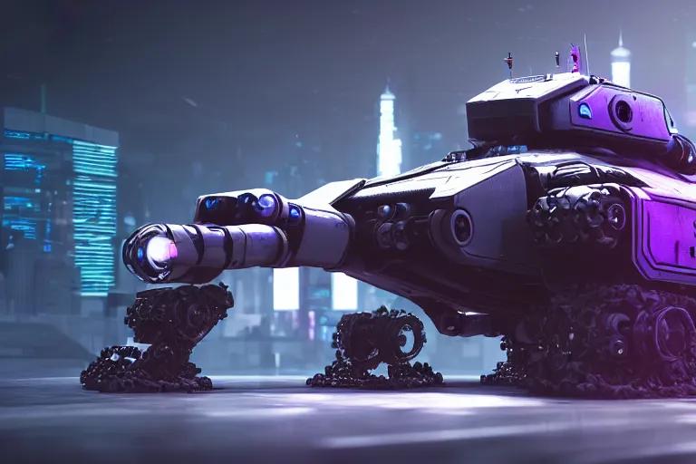 Prompt: cyberpunk robotic concept inspired tank, futuristic look, highly detailed body, very powerful, photorealistic camera shot, bright studio setting, studio lighting, crisp quality and light reflections, unreal engine 5 quality render