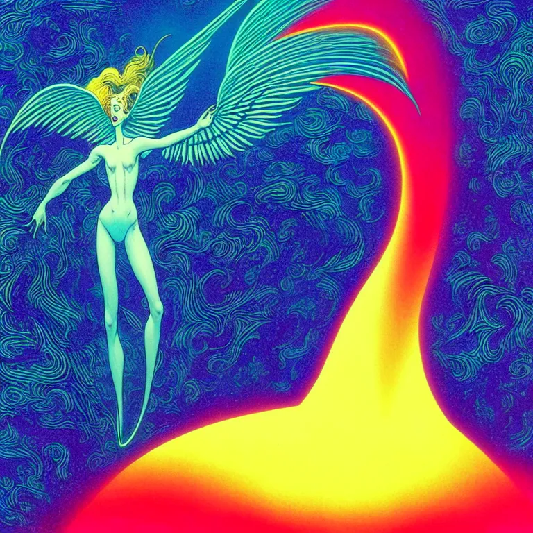 Prompt: androgynous angel radiating infinite psychic fractal waves, medium close - up, volcanic background, crescent moon, bright neon colors, highly detailed, hig resolution, cinematic, eyvind earle, tim white, philippe druillet, roger dean, lisa frank, aubrey beardsley, hiroo isono