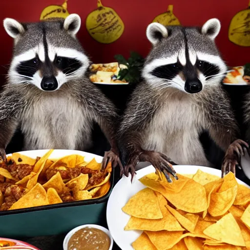 Prompt: 4 angry raccoons wearing jerseys eating cheese nachos at a Super Bowl party in Philadelphia