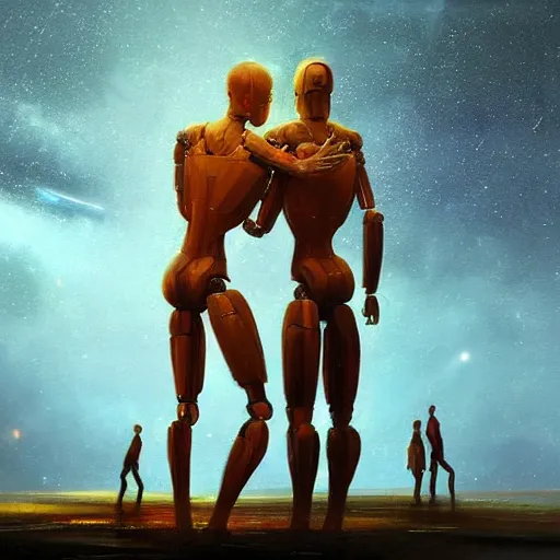 Image similar to digital painting of two humanoid robots hugging each other, the universe is collapsing, cosmic and stars and planets and galaxy, stunning, surreal, cinematic lighting, concept art by greg rutkowski and simon stalenhag