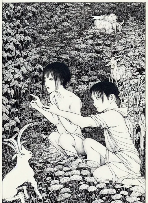 Prompt: boy and girl and a goat in a secret garden, by Vania Zouravliov and Takato Yamamoto, high resolution