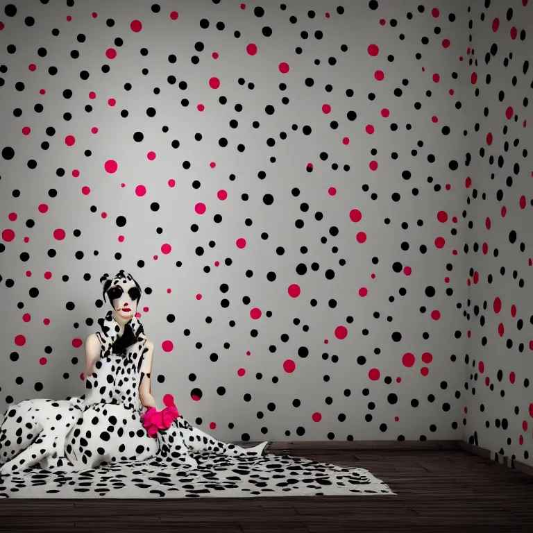 Image similar to vogue photoshoot octane render of 1 0 1 dalmatian with white background, focus bright colorful pastel exotic vintage boutique hotel lounge, very short depth of field, bokeh