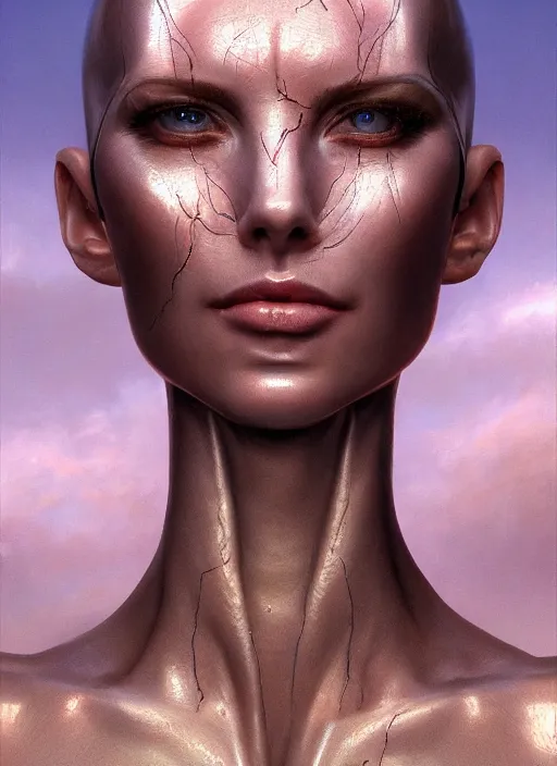 Prompt: biblical beautiful female android, transparent skin, bright glowing veins, in clouds, sunset, portrait, studio light, by gerald brom, by peter elson, muted colors, extreme detail, reflections, trending on artstation, 8 k