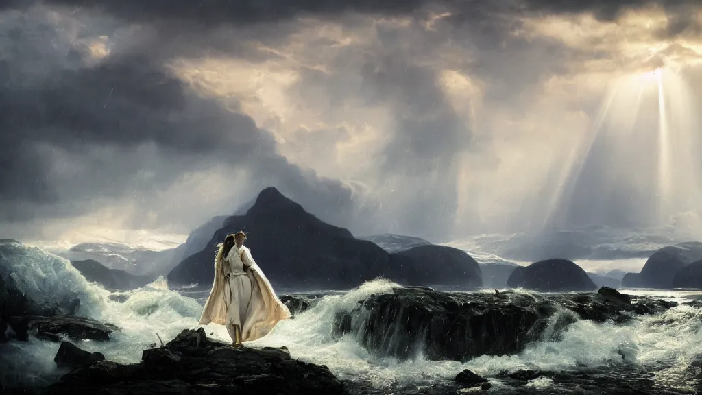 Image similar to queen, norway fjord, close up portrait, hudson river school, max rive, stormy seas, white royal dress, beautiful, bokeh, gentle, female, snowy, storm clouds, god rays, close up portrait, d & d, fantasy, elegant, low key color palette, concept art, roger deakins and greg rutkowski and alphonse mucha