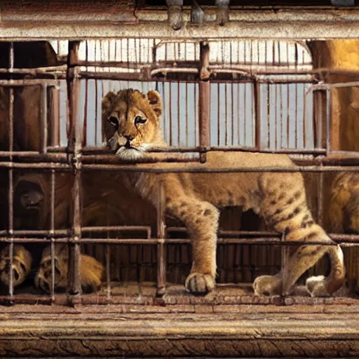 Image similar to panorama of an adorable lion cub in a cage within a medieval fantasy pet store, oil painting, by greg rutkowski