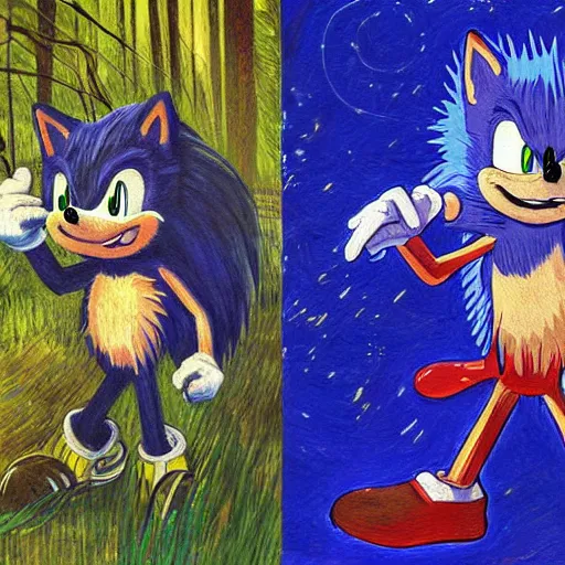 Image similar to sad painting of detailed realistic sonic the hedgehog in the woods at night, in the style of studio ghibli and moebius and claude monet and edward hopper and vincent van gogh