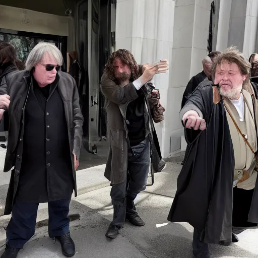 Prompt: the boondock saints approaching steve bannon outside of court