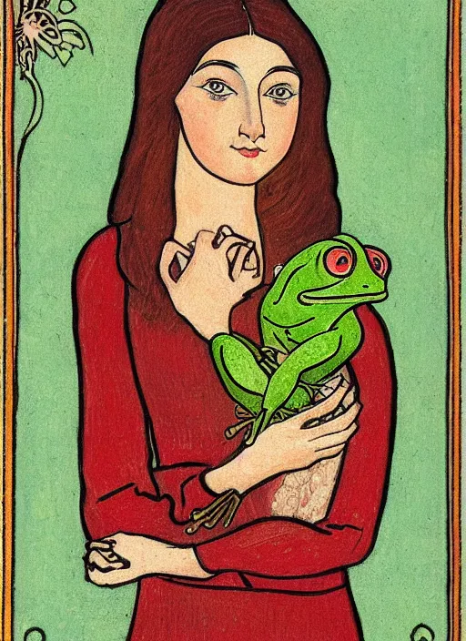 Image similar to portrait of a woman holding a frog ; pretty face ; ivan bilibin style ; 8 k