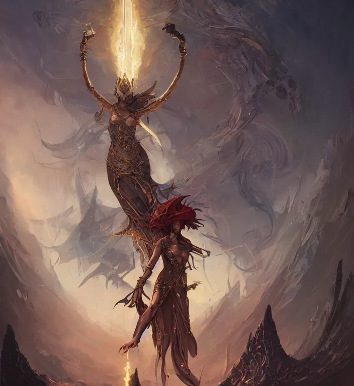 Image similar to full body illustration of a goddess, tarot card, dark souls colour scheme, establishing shot, coherent, high detailed, kerem beyit, Karol Bak, peter mohrbacher featured on artstation