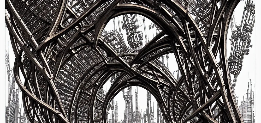 Image similar to a double helix dna cyberpunk steampunk carved archway, high details, lineart, by vincent di fate and joe fenton, inking, screen print, masterpiece, trending on artstation, sharp, high contrast, hyper - detailed, ultrawide, hd, 4 k, 8 k