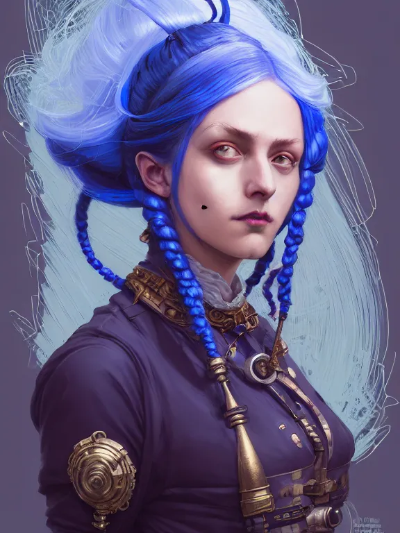 Image similar to a ARCANE ART Portrait of JINX The Loose Cannon, blue hair, long pigtail, intricate, elegant, highly detailed, digital painting, concept art, smooth, sharp focus, illustration, by Laurie Greasley,Lawrence Alma-Tadema,Dan Mumford,artstation,deviantart,Unreal Engine,face enhance,8K,golden ratio,cinematic lighting