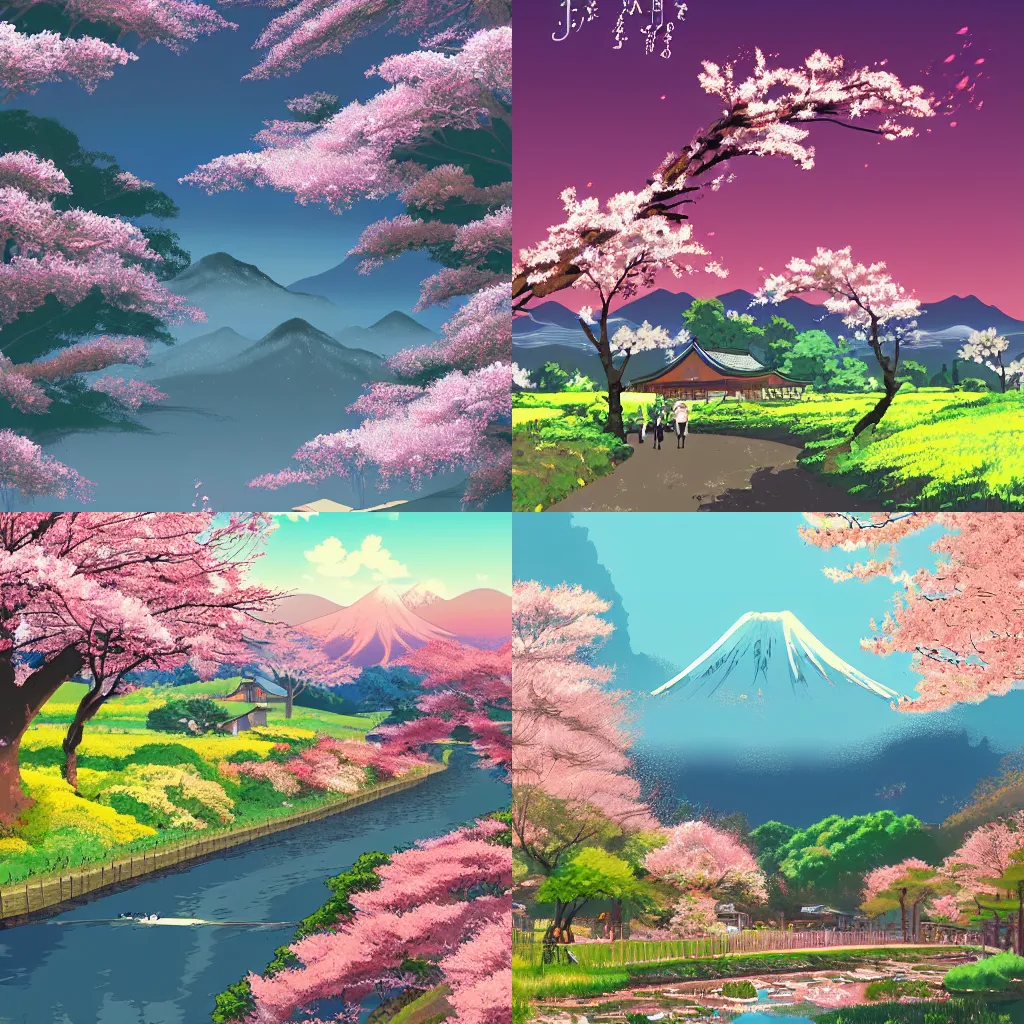 Prompt: countryside in japan, spring, cherry blossom, mountains, village, studio ghibli, trending on artstation, trending on behance