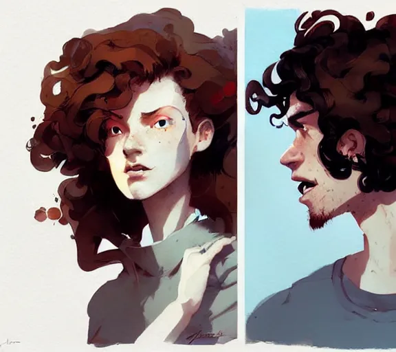 Image similar to portrait man with red curly hair and bright eyes atey ghailan, by greg rutkowski, by greg tocchini, by james gilleard, by joe fenton, by kaethe butcher, by ashley wood, dynamic lighting, gradient light blue, brown, blonde cream and white color scheme, grunge aesthetic