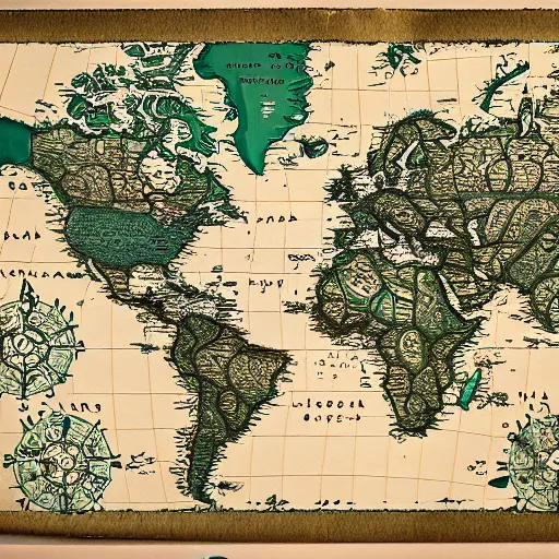 Prompt: world map on a paper, lots of islands, mobile game art