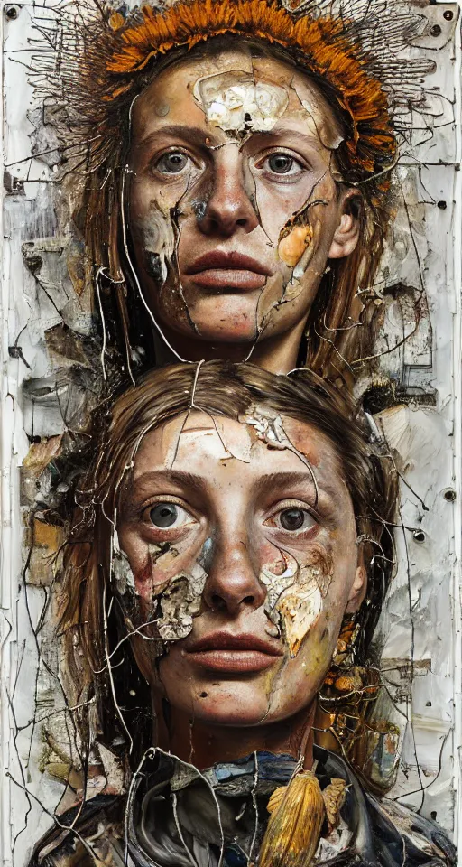 Prompt: a full length portrait of a very ordinary young woman with a sad expression, Anselm Kiefer and Lucian Freud and Jenny Saville, oil painting, rust, Scaffolding, rusted metal and sunflowers, iron cladding, decay, mixed media, textured, anatomically correct, beautiful perfect face, visible brushstrokes, sharp focus, twisted wire, Highly Detailed, photographic emulsion cracked and peeling, Cinematic Lighting, 8k, HD