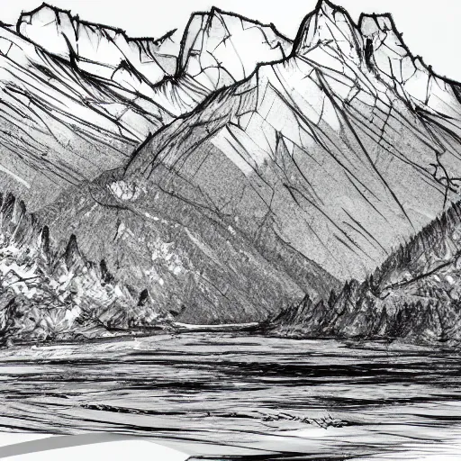 Prompt: a sketch of a crystal clear mountain river, no colors,