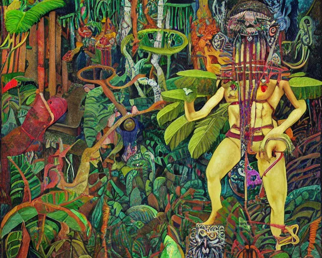 Prompt: surreal colorful nightmarish garden las pozas, mayan jaguar warrior, artwork by ralph bakshi and diego rivera