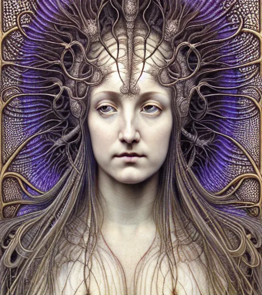 Image similar to detailed realistic beautiful thistle goddess face portrait by jean delville, gustave dore, iris van herpen and marco mazzoni, art forms of nature by ernst haeckel, art nouveau, symbolist, visionary, gothic, neo - gothic, pre - raphaelite, fractal lace, intricate alien botanicals, biodiversity, surreality, hyperdetailed ultrasharp octane render