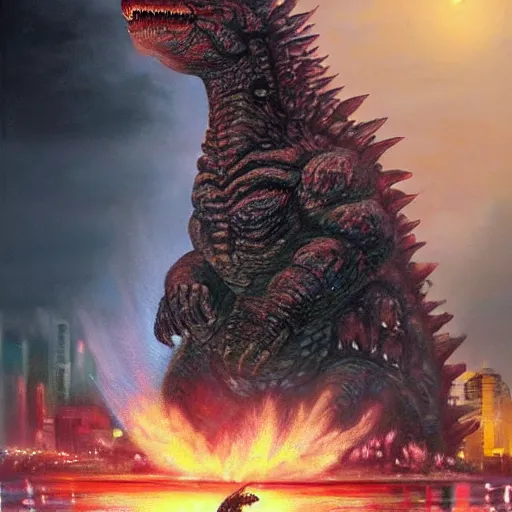 Image similar to a hyper-realistic stunning oil painting of a giant Godzilla monster peacefully coexisting with the people of Neo Tokyo; hyper-detailed!!!; an extraordinary masterpiece!!!; flawless; trending on artstation