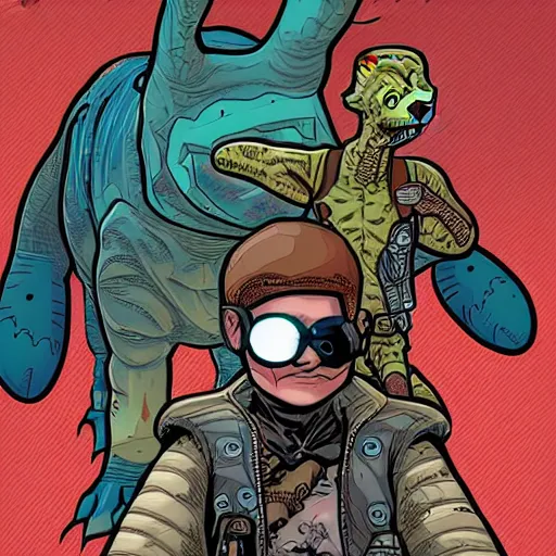 Image similar to intricate detailed full-page comic book cover illustration of a cyborg punk street kid with a pet dinosaur, no speech bubbles, cyberpunk