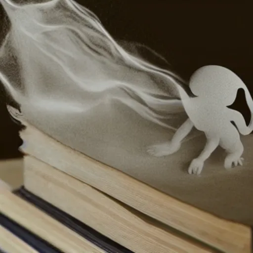 Prompt: whispy ghost floating out of an opened book at a lirbary, creepy, realistic, detailed,