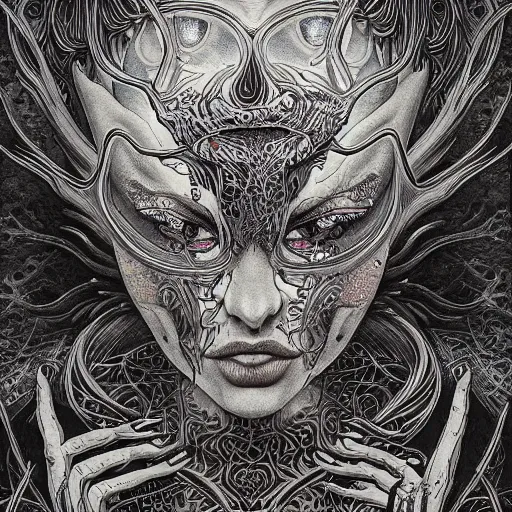 Prompt: holographic interface painted in alex grey and cameron gray style drawn by vania zouravliov and takato yamamoto, inspired by ooioo, intricate wood carving, black and white, 3 d, high detail, sharp high detail, artstation, octane