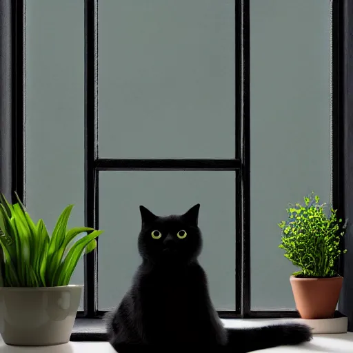 Image similar to peaceful dreamy painting of a content black cat sitting by a window, sunshine coming through the window, small plants on the window sill, 8k, highly detailed, trending on artstation, octane render