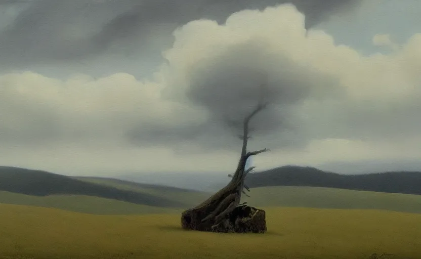 Image similar to A moody painting of an overcast day, clouds, rolling hills, tree stump, Wes Anderson, Peter Ilsted