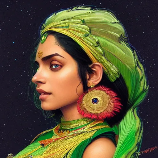 Prompt: Portrait of very very very very very very beautiful Indian woman, spacesuit, green eyes, intricate, elegant, highly detailed, digital painting, artstation, concept art, smooth, sharp focus, illustration, art by artgerm and greg rutkowski and alphonse mucha