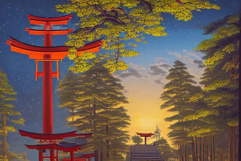 Prompt: a painting in the style of rob gonsalves of a beautiful large shinto shrine with a torii in a natural setting, soft lighting, seasonal weather, in a futuristic metropolis
